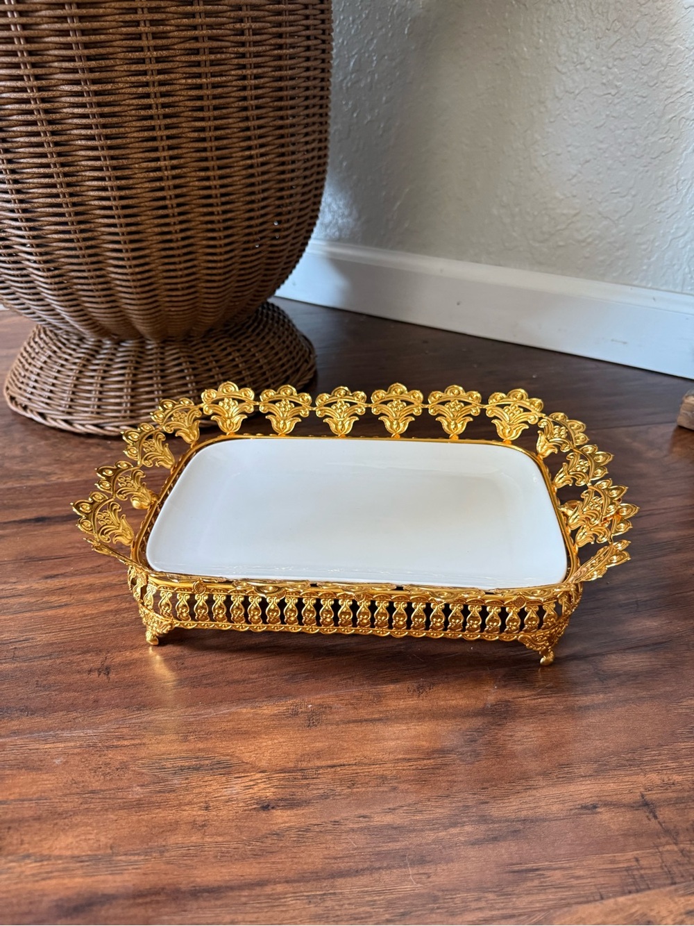 Elegant Gold Filigree Ceramic Serving Dish - White Insert